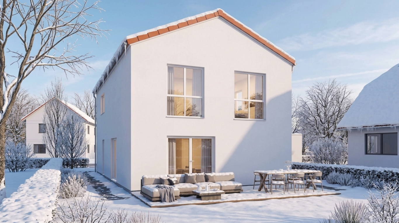 Hausansicht – Visualisierung Visualisierung eines weißen zweigeschossigen Hauses mit Satteldach, zwei Giebelfenstern im Obergeschoss und verschneiter Terrasse.