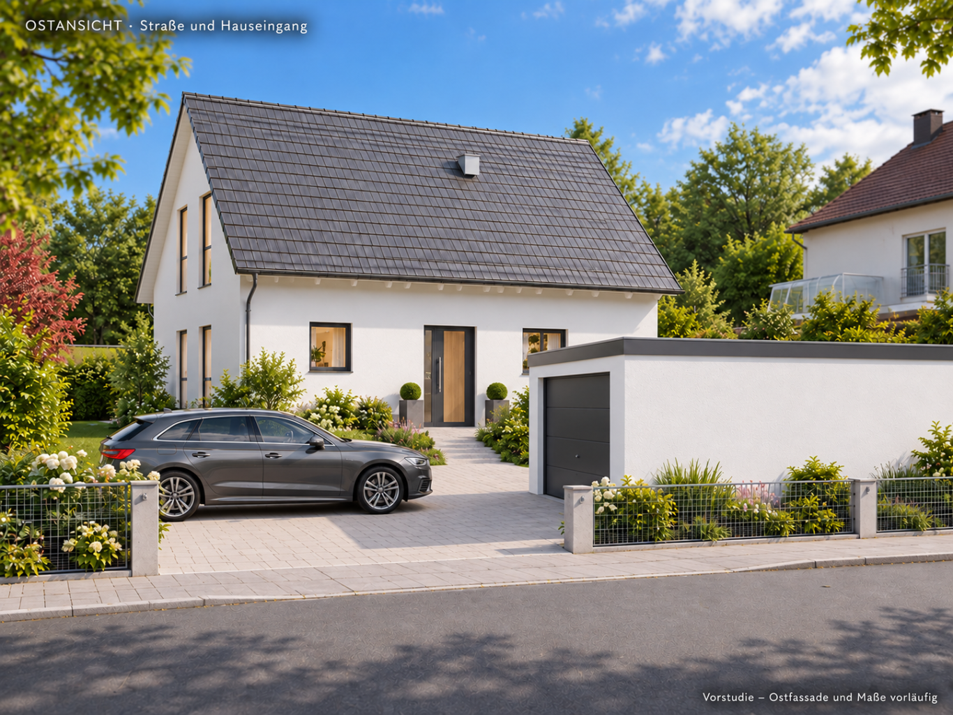 Erlangen – Zugang im Osten und mögliche Garage Illustrative Ostansicht des Kundenhauses in Erlangen mit Hauseingang und möglicher Garage an der Straßenseite.