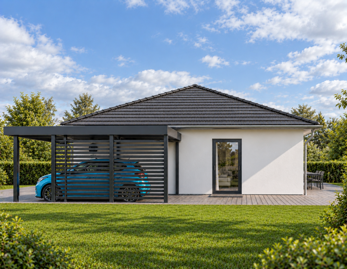 Bungalow mit Carport – Gestaltungsidee Illustrative Seitenansicht des kleinen Bungalows mit dunklem Walmdach und seitlichem Carport.
