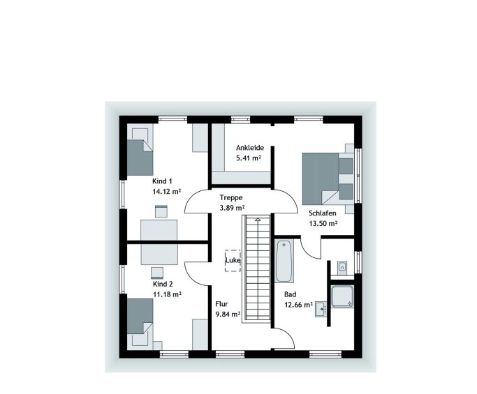 Obergeschoss – Ausgangsplanung Ursprünglicher Obergeschossgrundriss mit Kinderzimmern von 14,12 und 11,18 Quadratmetern laut Planbeschriftung.