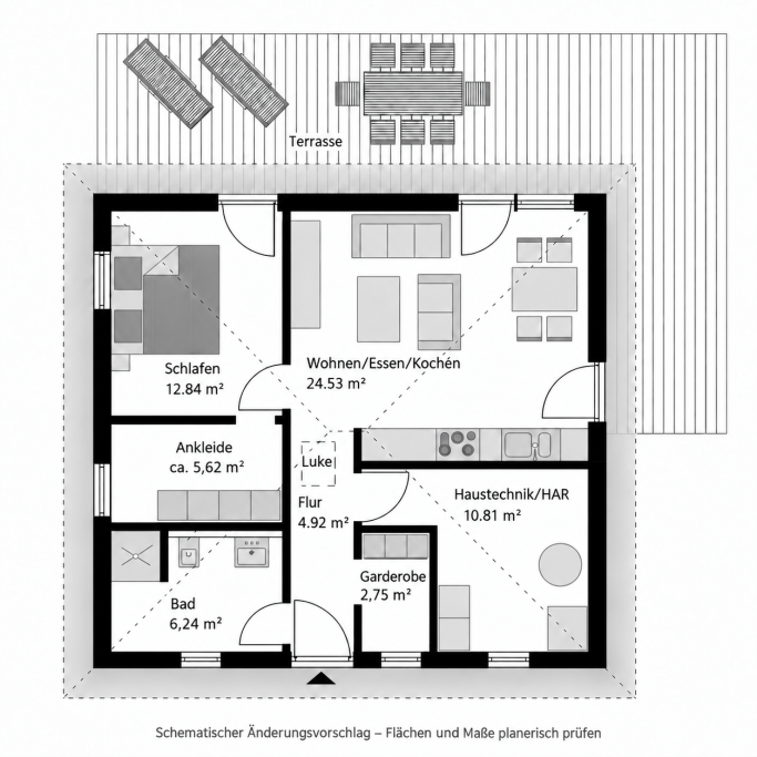 Bungalow-Grundriss – schematischer Planungsstand Schematischer Grundriss eines kleinen Bungalows mit offenem Wohnbereich, Schlafzimmer, Ankleide, Bad, Garderobe und Haustechnik.