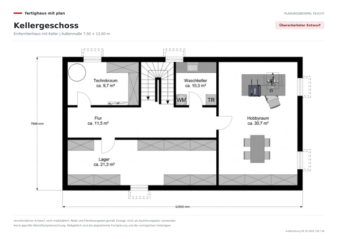 Keller – überarbeiteter Entwurf Überarbeiteter Kellergrundriss mit halbgewendelter Treppe sowie Technikraum, Waschkeller, Lager und Hobbyraum.