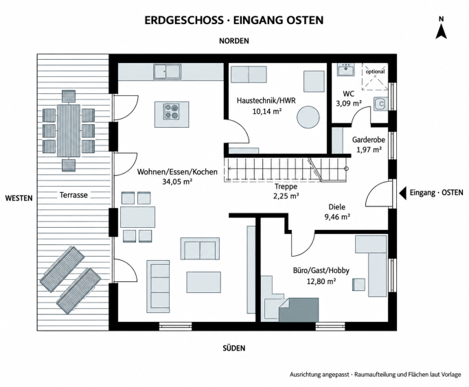 Erdgeschoss – neuer Vorentwurf, Eingang Osten Erlangen: Erdgeschoss-Vorentwurf mit Eingang im Osten und Terrasse im Westen.