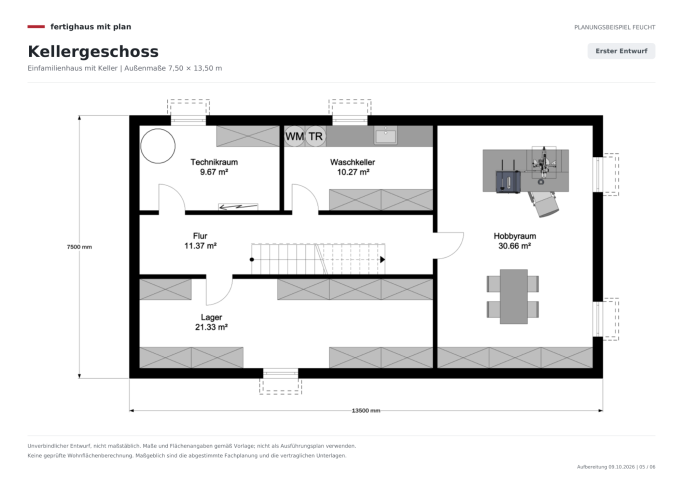 Keller – erster Entwurf Erster Kellergrundriss mit gerader Treppe, Technikraum, Waschkeller, Lager und Hobbyraum.