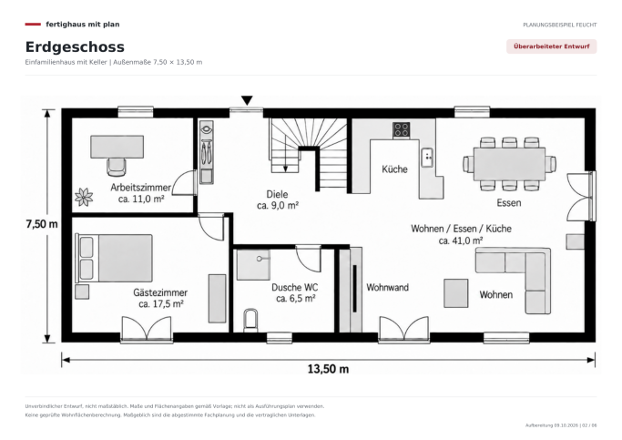 Erdgeschoss – überarbeiteter Entwurf Überarbeitetes Erdgeschoss mit Nordeingang, halbgewendelter Treppe, Arbeitszimmer und Gästezimmer.