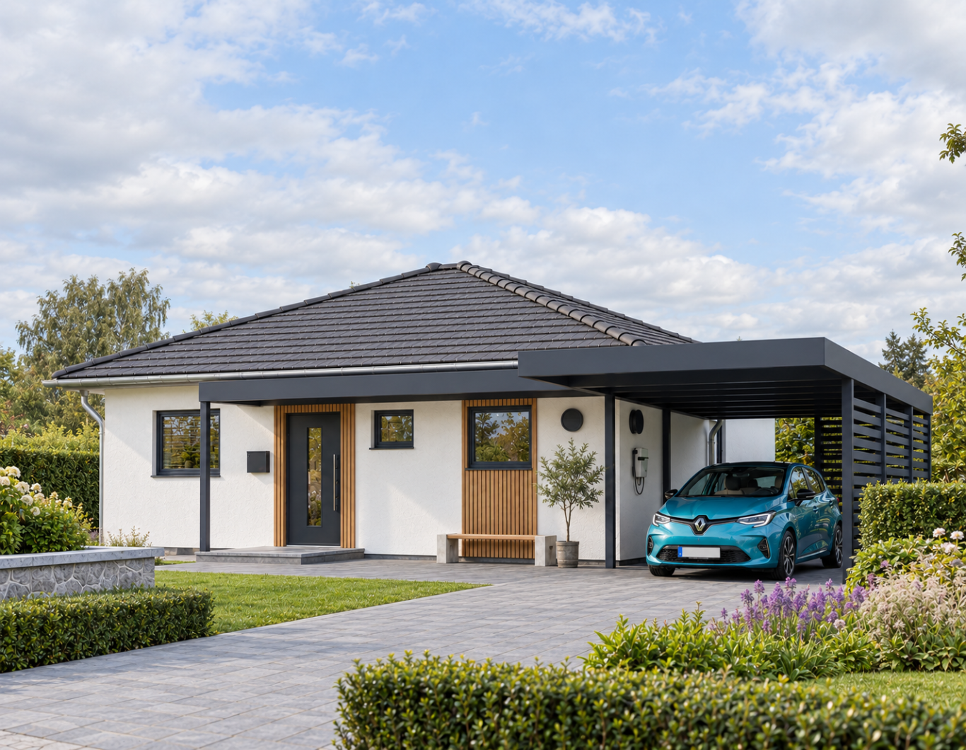 Kleiner Bungalow – Eingang und Carport Visualisierung eines kleinen Bungalows mit Walmdach, weißer Fassade, Holz am Eingang und seitlichem Carport – Planungsbeispiel 67 m².