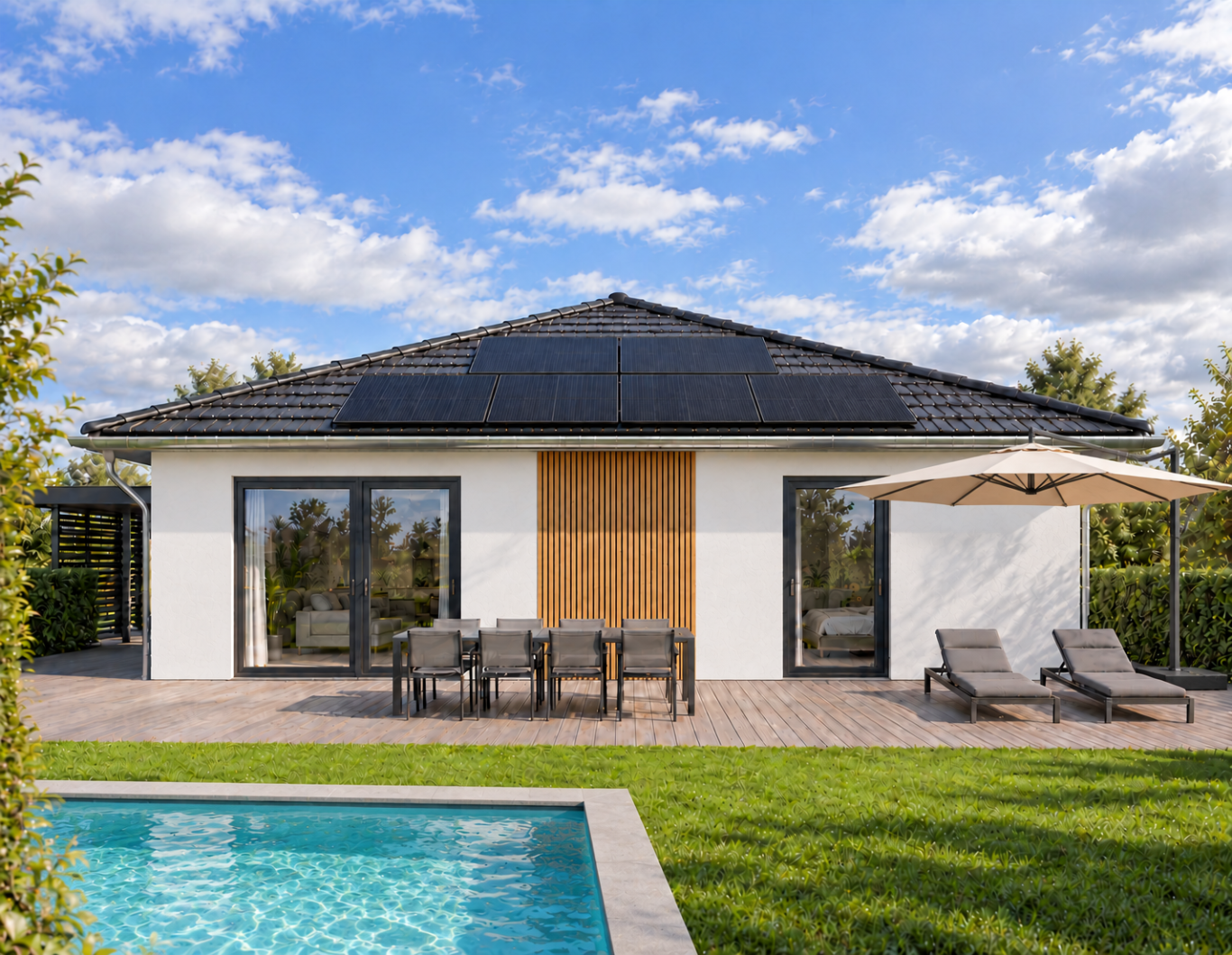 Südterrasse – kompakt wohnen, den Garten genießen Visualisierung der Südseite eines kleinen Bungalows mit Terrasse, Holzakzent, Photovoltaik auf dem Walmdach und Poolausschnitt.